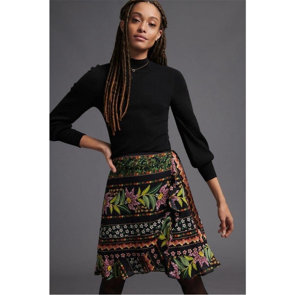 FARM Rio Black Mini Skirt with Green Leaves & Pink Floral Border